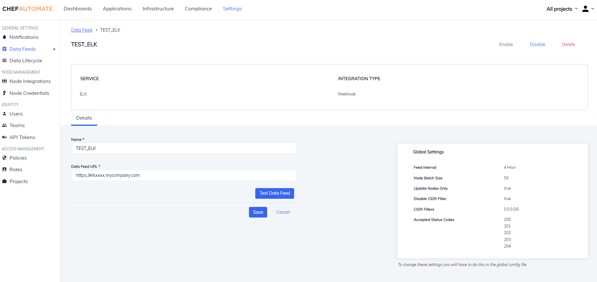 Details of Data Feed Instance using ELK Integration